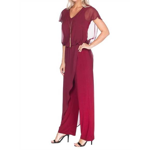 NEW LAST TANGO jumpsuit with chiffon overlay in burgundy - Picture 3 of 4
